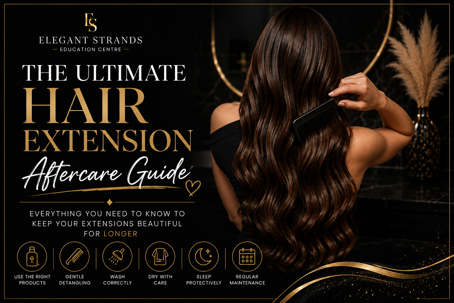Luxury hair extensions aftercare blog banner showing long healthy brunette hair extensions being gently combed, explaining proper washing, detangling, sleeping and maintenance for longer-lasting extensions.