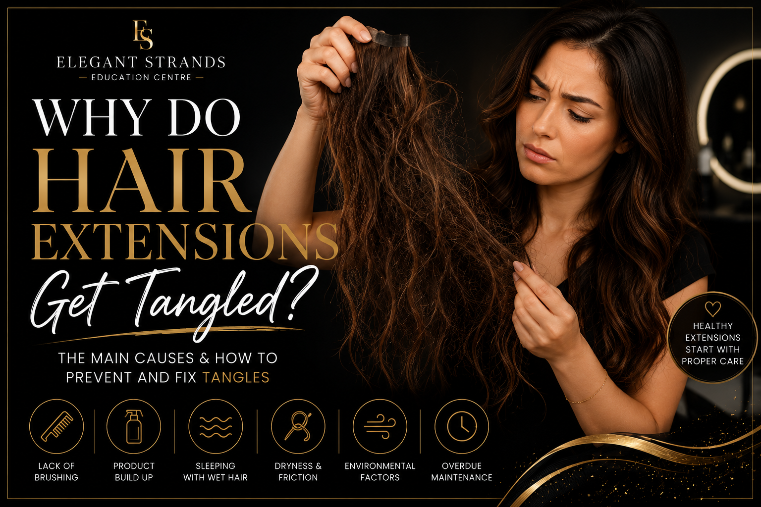 Luxury hair extensions education banner showing a woman holding tangled brunette hair extensions, explaining the common causes of tangling and how proper aftercare helps keep extensions smooth, healthy and knot-free.