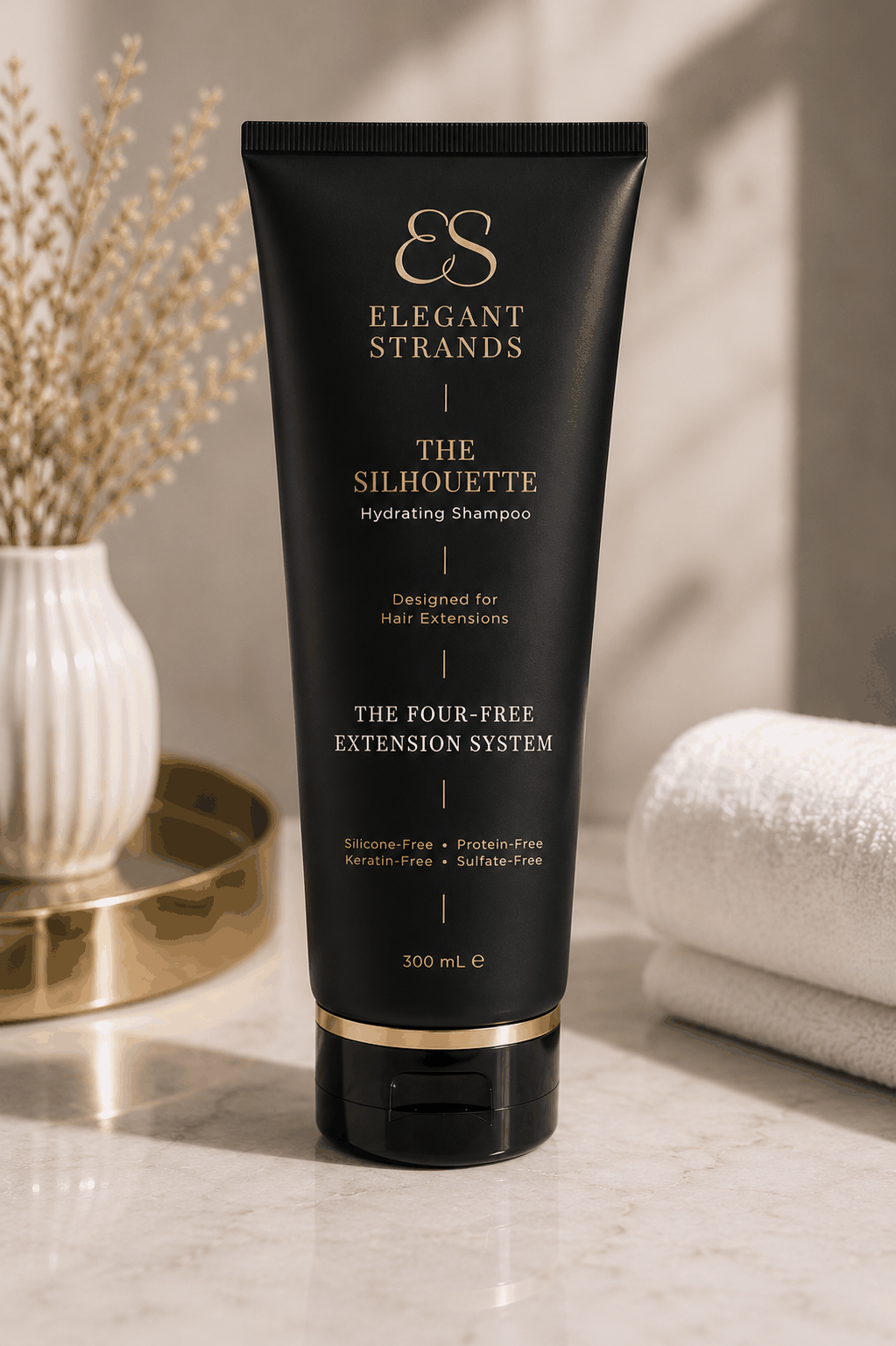 Shampoo in a matte black tube with gold lettering and trim, featured in Best Shampoo for Hair Extensions in Australia