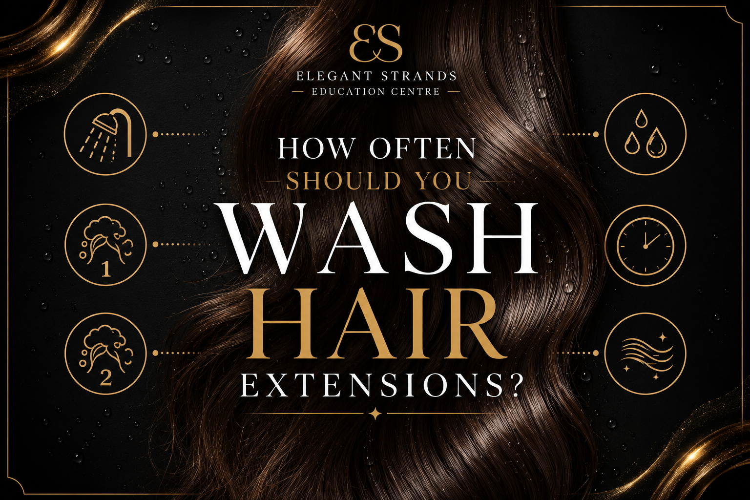 Luxury blog banner explaining how often to wash hair extensions, featuring glossy brunette hair with water-inspired gold accents and double shampoo icons.