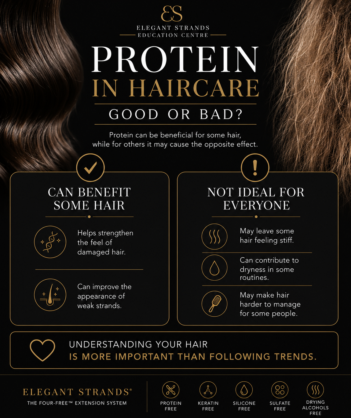Elegant Strands Education Centre infographic explaining protein in haircare, showing how protein can benefit some hair while leaving other hair feeling stiff, dry or harder to manage, with healthy and dry hair comparison.