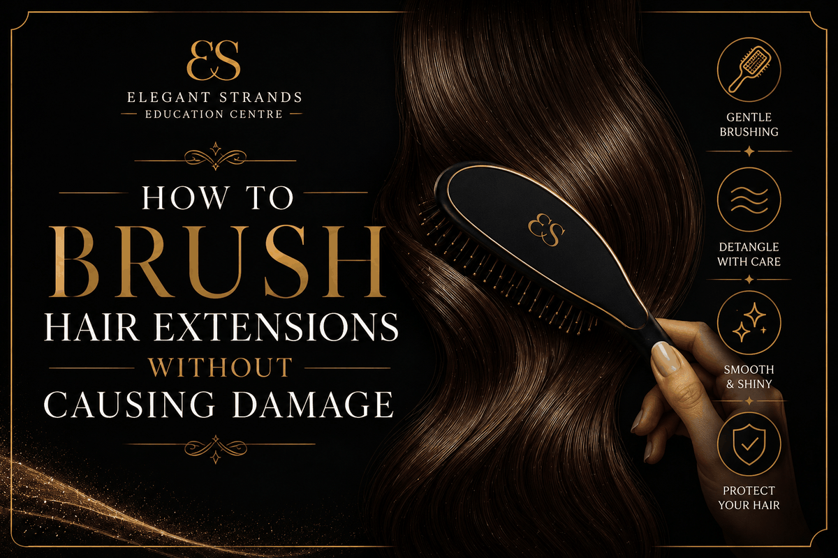 Hair extension care graphic: How to Brush Hair Extensions, with wavy dark brown hair and a black-and-gold brush