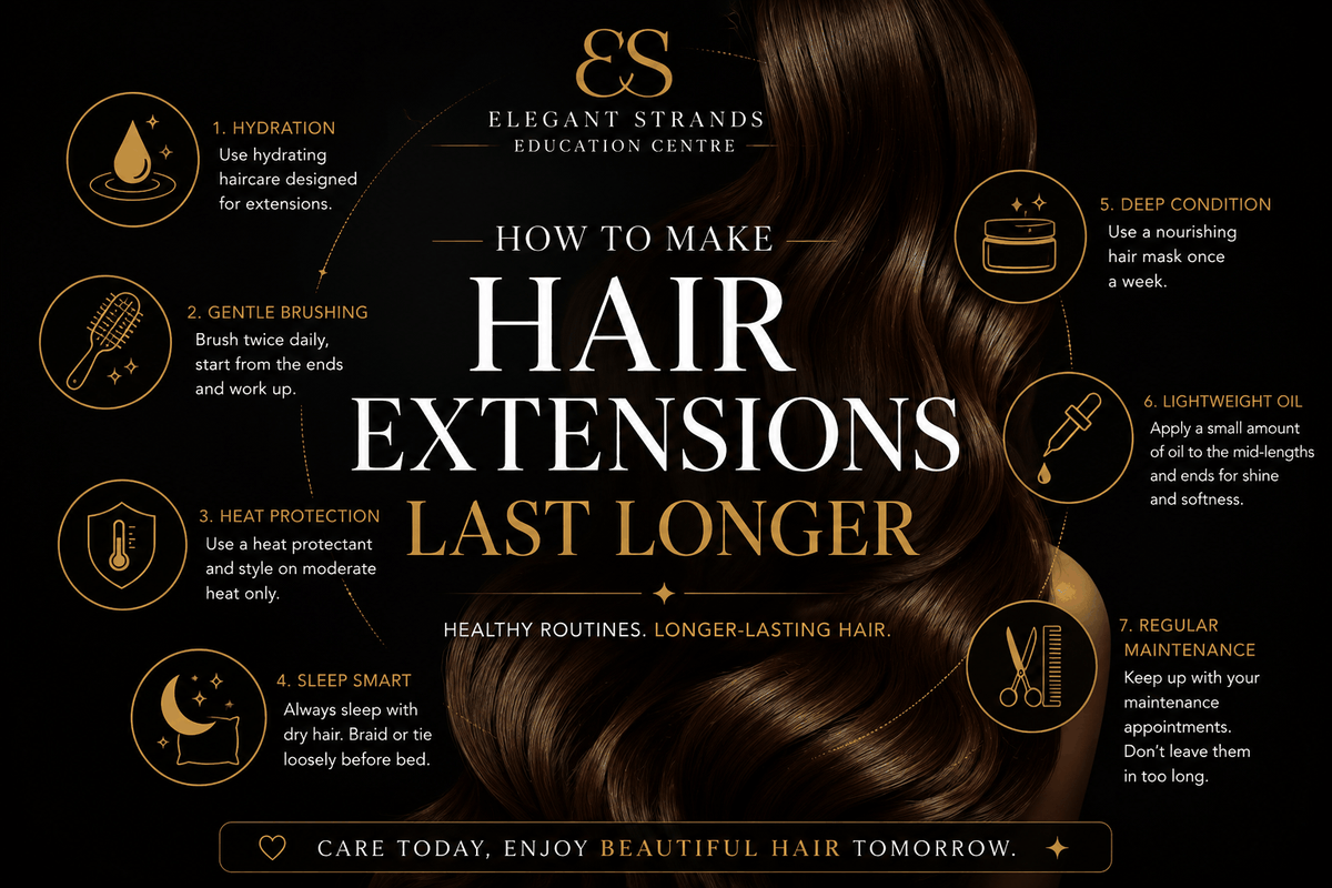Hair extensions in glossy dark brown waves, with gold care icons and How to Make Hair Extensions Last Longer text