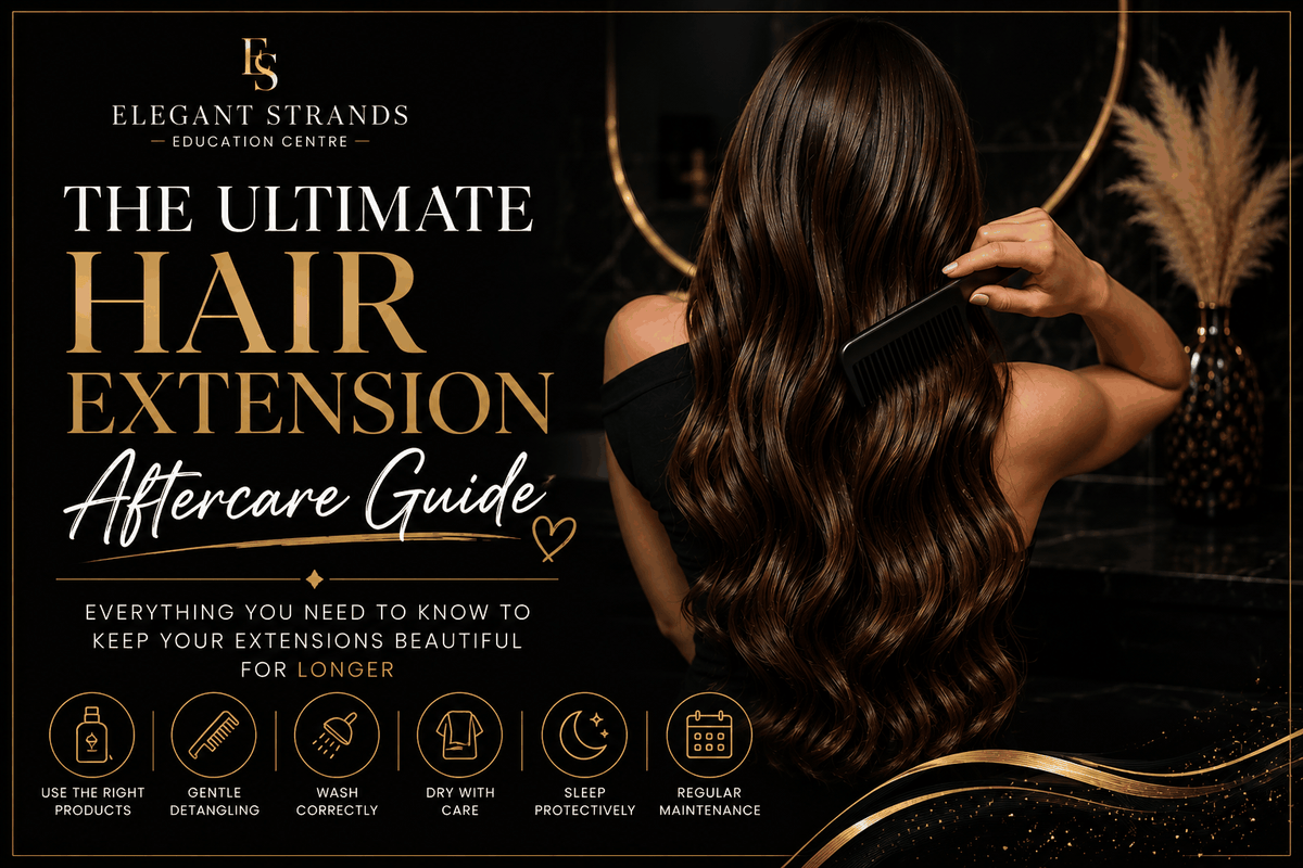 The Ultimate Hair Extension Aftercare Guide graphic in black and gold, featuring long, glossy brunette waves being brushed.