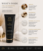Elegant Strands The Silhouette Hydrating Shampoo ingredient infographic showing key hydrating ingredients, sulfate-free cleansing system, Panthenol (Pro-Vitamin B5), Glycerin and conditioning complex. Designed for hair extensions with Four-Free Extension System™ benefits and hydration icons.