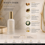 Elegant Strands The Elixir Weightless Hair Elixir ingredient infographic highlighting argan oil, jojoba oil, squalane, camellia seed oil and vitamin E. Designed for hair extensions with the Four-Free Extension System™ to hydrate, smooth frizz, add shine and protect hair without weighing it down.