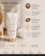 Elegant Strands The Vault Intensive Hair Mask ingredient infographic highlighting shea butter, Panthenol (Pro-Vitamin B5), argan oil, hydrolyzed quinoa and amino acid complex. Designed for hair extensions with the Four-Free Extension System™ to deeply hydrate, strengthen, repair and improve softness and shine.