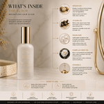 Hair Oil for Hair Extensions in a clear bottle with a gold pump and cream label, shown beside botanical ingredient illustrations