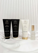 Hair Oil for Hair Extensions in a clear bottle with gold pump and white label, displayed beside three haircare tubes.