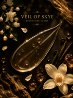 Hair Oil for Hair Extensions fragrance artwork with a golden oil droplet, amber accents, and cream vanilla flowers