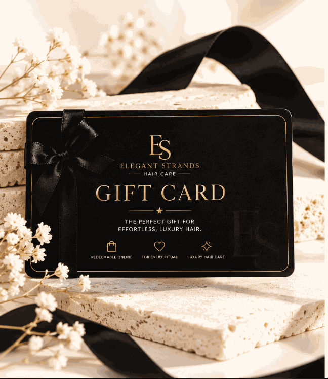 Haircare Gift Card in black with gold lettering and Elegant Strands branding, tied with a black satin bow