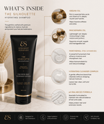 Hydrating Shampoo for Hair Extensions in a black tube with gold lettering, shown alongside illustrated ingredient highlights and benefits.