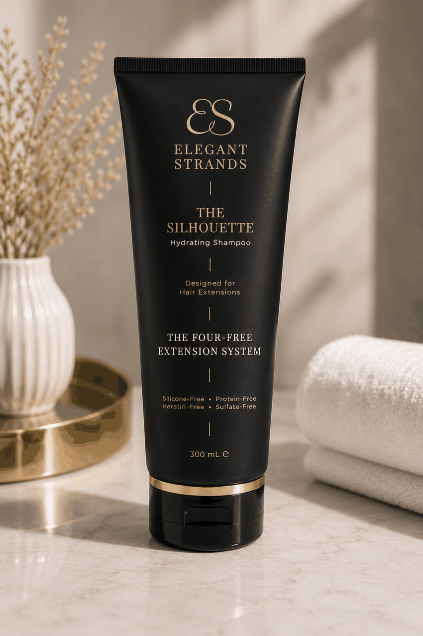 Elegant Strands hydrating shampoo for hair extensions, part of the hair extension shampoo and conditioner bundle.