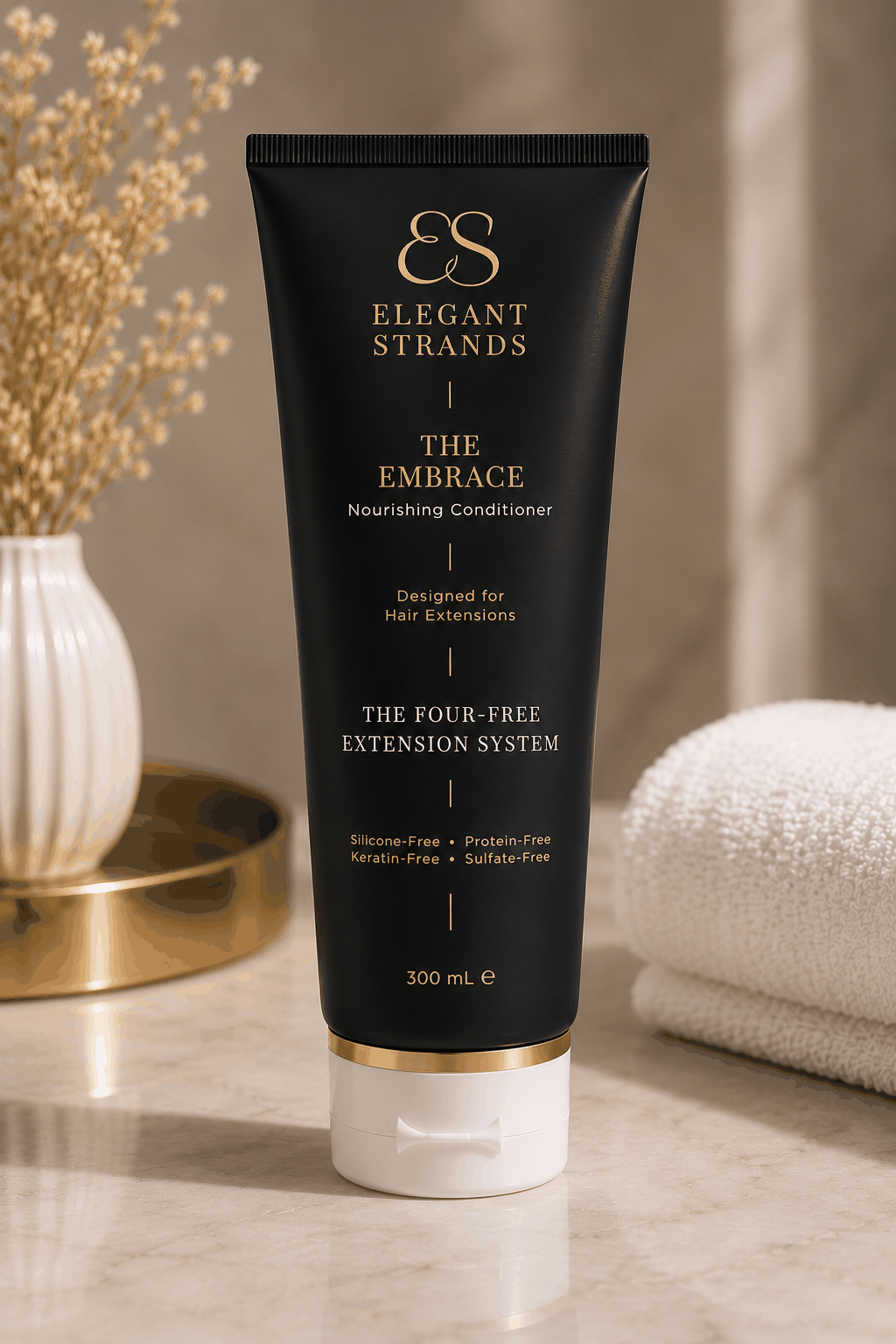 The Embrace nourishing conditioner from the Elegant Strands hair extension shampoo and conditioner collection