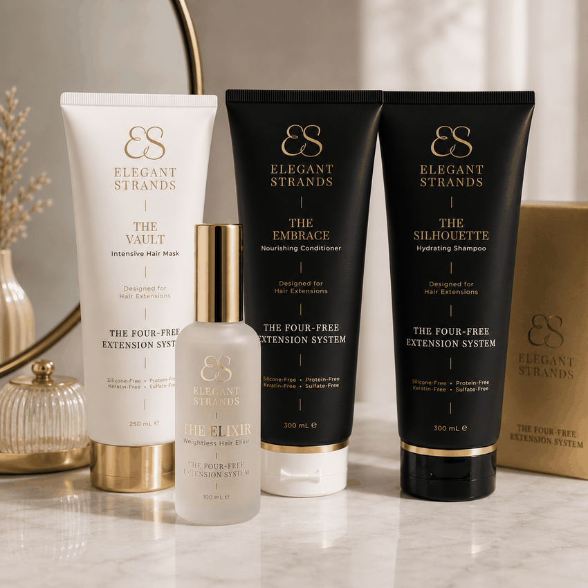 Elegant Strands Professional hair extension haircare bundle featuring The Silhouette shampoo, The Embrace conditioner, The Vault hair mask and The Elixir hair oil.
